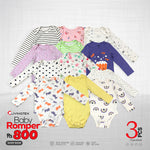 3 Pcs Assorted Full Sleeve Baby Romper (Multicolor)