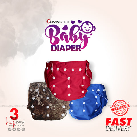 3 Pcs Washable Baby Diapers (Blue, Army & Red)