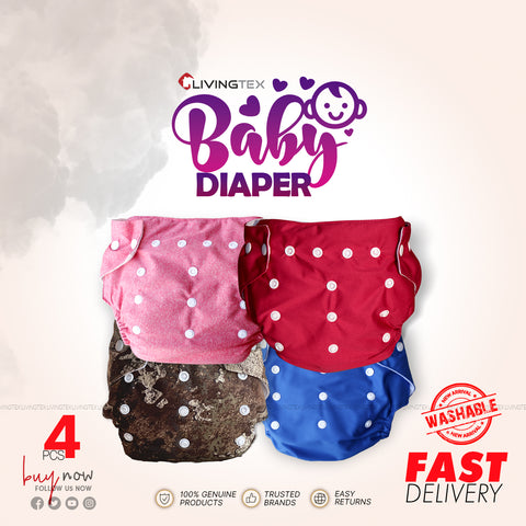4 Pcs Washable Baby Diapers (Blue, Pink Army & Red)