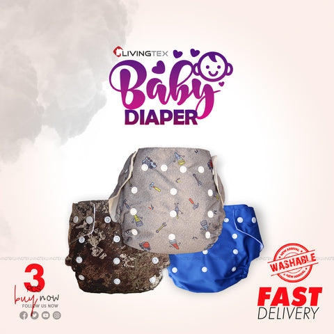 3 Pcs Washable Baby Diapers (Blue, Army & Printed Grey)