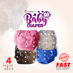 4 Pcs Washable Baby Diapers (Blue, Pink Army & Printed Grey)